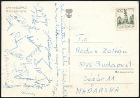 cca 1972 Vasas labdarúgó csapat tagjainak autográf aláírásai: Várady Béla, Müller Sándor, Ihász Kálmán, Puskás Lajos, Lakinger Lajos, Gass István, Török Péter, Vadász Károly edző stb., képeslapon.