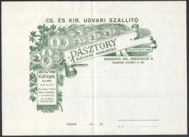 cca 1910 Pásztory élővirág kereskedő, Bp., Rákóczi út 9., díszes, fejléces utánvét bizonylati nyomtatványa, kitöltetlen, 21x29 cm