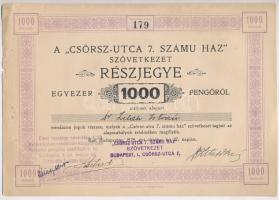 Budapest 1929. A Csörsz-utca 7. számú ház Szövetkezet névre szóló részjegye 1000P-ről, bélyegzésekkel T:III szakadás, lyukak