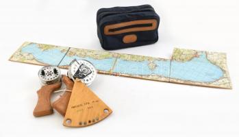 Régi hajós mérő eszköz, házi készítésű, fára kasírozott Balaton térképpel.