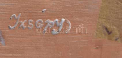 Izsépy túrázó kisfiú, mázas kerámia figura, kézzel festett, mázhibával, jelzett, m: 16 cm