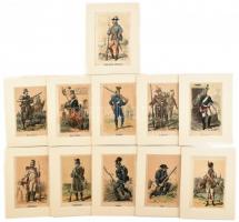 cca 1880 11 db katonákat ábrázoló litográfia paszpartuban, 17×11 cm