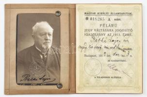 1912 Réthi Lajos nyug. kir. tanácsos fényképes félárú jegy váltására jogosító igazolvány, aranyozott...
