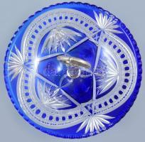 Ezüst (Ag) talpas kínáló, kék ólomkristály, jelzett, m: 25 cm, nettó: 53g