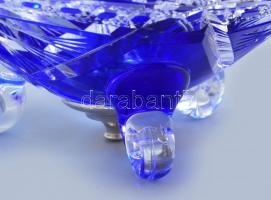 Ezüst (Ag) talpas kínáló, kék ólomkristály, jelzett, m: 25 cm, nettó: 53g