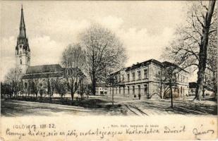 1907 Igló, Zipser Neudorf, Spisská Nová Ves; Római katolikus templom és iskola / Catholic church and school (kis szakadás / small tear)