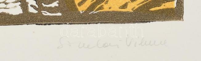 Somlai Vilma (1938-2007): Kék lámpa. Színes linómetszet, papír, jelzett, hátoldalán Rézkarcoló Művés...