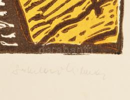 Somlai Vilma (1938-2007): Kék lámpa. Színes linómetszet, papír, jelzett, hátoldalán Rézkarcoló Művés...