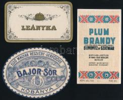cca 1910-1930 Vegyes italcímke tétel, 3 db: Leányka, Első Magyar Részvény-Sefőződe Bajor-sör, Plum Brandy.