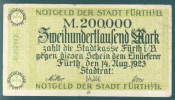 Német Birodalom/Weimari Köztársaság/Fürth 1923.8.14. 200.000M kék sorszámmal T:III