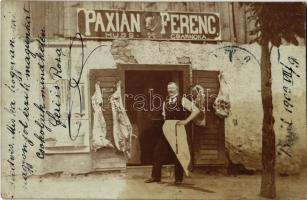 1903 Bél, Beél, Beliu; Paxián Ferenc húscsarnoka, hentes és mészáros az üzlete előtt / butcher shop. photo (fl)
