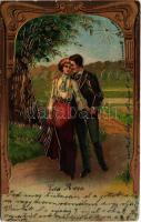 1905 Lady art postcard, romantic couple. Art Nouveau, Emb. litho (Rb)
