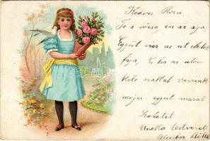 1900 Children art postcard, girl with flowers. litho (EK)