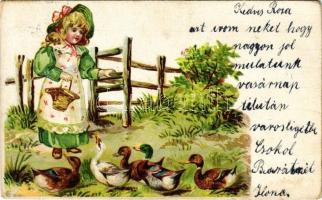 1901 Children art postcard, girl feeding ducks. litho (EK)