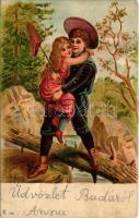 Children art postcard, romantic couple. litho (EK)