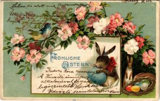 1904 Fröhliche Ostern! / Easter greeting art postcard with rabbits and eggs. Floral, Emb. litho (EK)