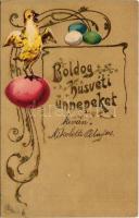 1902 Boldog húsvéti ünnepeket / Easter greeting art postcard with chicken and eggs. Emb. litho (EK)