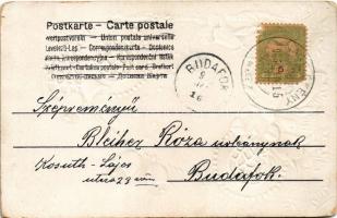 Boldog húsvéti ünnepeket / Easter greeting art postcard with flowers and bells. Emb. litho (EK)