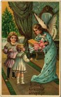 1913 Boldog karácsonyi ünnepeket / Christmas greeting art postcard with angel, children and gifts. litho (lyuk / hole)