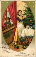 Kellemes karácsonyi ünnepeket / Christmas greeting art postcard with Christmas tree and gifts. litho (Rb)