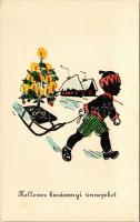 Kellemes karácsonyi ünnepeket / Christmas greeting art postcard with Christmas tree and sled