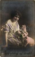 1917 Boldog Újévet! / New Year greeting card, lady with pigs. EAS 2881/3. (fl)