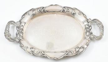 Ezüst (Ag) Szecessziós, plasztikus virágos, füles tálca, jelzett, 44x27cm, nettó: 813g / Art nouveau silver plate with plastique floral ornament