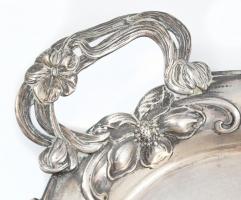 Ezüst (Ag) Szecessziós, plasztikus virágos, füles tálca, jelzett, 44x27cm, nettó: 813g / Art nouveau...