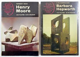 2 db szobrászat témájú könyv, angol nyelven: Herbert Read: Henry Moore. A study of his life and work. London, é.n., Thames and Hudson. 284 p. 245 illusztrációval, ebből 16 színes képpel. Kiadói papírkötésben, gerinc alja sérült. + A. M. Hammacher: Barbara Hepworth. London, 1968, Thames and Hudson. 284 p. 173 illusztrációval, ebből 18 színes képpel. Kiadói papírkötésben.