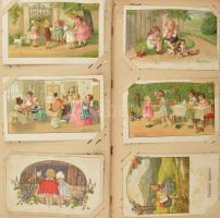 117 db RÉGI motívum képeslap nagy szecessziós albumban: gyerek, pipázás, üdvözlő, vallásos, törpés, ...