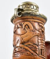 Díszes tajtékpipa fej kos motívummal, faragott fa, XIX. sz., ezüst (Ag) szerelékkel, jelzett, PA mes...