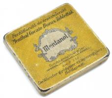 cca 1930 Mentanol Fertőtlenítő és érzéstelenítő Menthol-Cocain-Borax tabletta, fém gyógyszeres doboz, belül reklámmal, Dr. Wander gyógyszer és tápszergyár Rt. Bp., kopottas, 6,5x6 cm