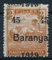 Baranya I. 1919 Arató 45/2f elcsúszott felülnyomattal, Bodor vizsgálójellel (folt / spot)
