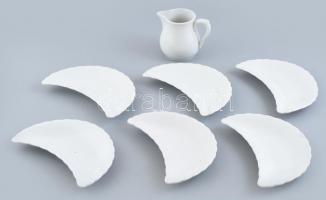 Zsolnay fehér mázas porcelán 6 db csontos tál, 1 db tejkiöntő, jelzettek, kopásnyomokkal, vaspöttyökkel. 18x10cm
