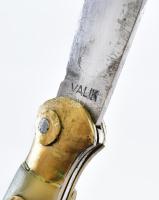 Válik bicska, zsebkés, jelzett, réz és szaru nyéllel, bőr tokkal, akasztóval, h: 24 cm