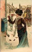 Boldog Újévet! / New Year greeting art postcard with lady. Emb. litho (lyuk / pinhole)