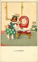 Fogkefe. Egy jó kislány viselt dolgai I. sorozat 1. szám / Toothbrush. Hungarian art postcard s: Kozma Lajos