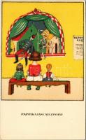 Paprikajancsiszínház. Egy jó kislány viselt dolgai II. sorozat 5. szám / Puppet-show. Hungarian art postcard s: Kozma Lajos (EK)