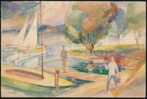 Adámi Sándor (1912 k.-1991): Balatoni vitorlások. Akvarell, papír, jelzés nélkül, 17x26 cm