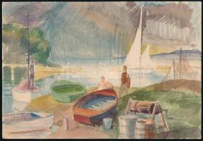 Adámi Sándor (1912 k.-1991): Balatoni vitorlások. Akvarell, papír, jelzés nélkül, 13,5x20 cm