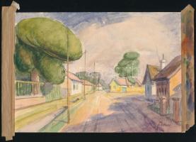 Adámi Sándor (1912 k.-1991): Napfényes utca. Akvarell, papír, jelezve jobbra lent, lap szélén ragasztás nyomaival. 13,5x19 cm