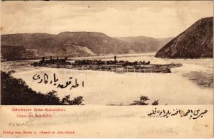 1904 Ada Kaleh, Török sziget Orsova alatt. Hairy és Ahmed kiadása / Turkish island + ORSOVA - BUDAPEST 76. SZ. vasúti mozgóposta bélyegző (kis szakadás / small tear)