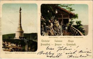 1902 Brassó, Kronstadt, Brasov; Árpád szobor, Millenniumi emlékmű, Bethlen-barlang. Ciurcu könyvkereskedés kiadása / Statua lui Arpad, Pestera lui Bethlen / Arpad-Denkmal, Bethlens-Grotte / Millennium monument, cave (EK)