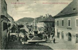 1908 Székelyudvarhely, Odorheiu Secuiesc; Kossuth utca Millenniumi emlékszoborral, üzletek, piac. Dragomán kiadása / street view, Millennium monument, shops, market