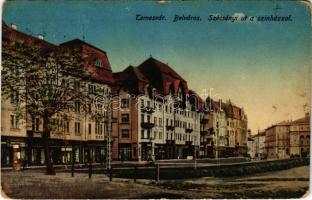 1915 Temesvár, Timisoara; Belváros, Széchenyi út a Színházzal, üzletek / street view, theatre, shops (kopott sarkak / worn corners)