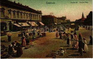 Temesvár, Timisoara; Scudier tér, piac, villamos, Rosner Menyhért, Deutsch üzlete / Scudier-Platz / square, market, tram, shops