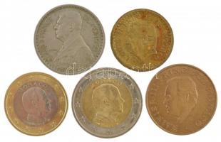 Monaco 1943-1979. 1Fr-10Fr (3xklf) + 2011. 2EUR bimetál II. Albert + 2014. 1EUR bimetál II. Albert T:2,2- közte patina, karc, ph, ü. Monaco 1943-1979. 1 Franc - 10 Francs (3xdiff) + 2011. 2 Euro bimetallic Albert II + 2014. 1 Euro bimetallic Albert II C:XF,VF within patina, scratch, edge error, ding