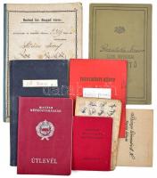 1865-1972 Vegyes okmány tétel, összesen 8 db, közte: adókönyv, útlevél, tanulmányi könyv