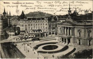 1917 Brno, Brünn; Theaterplatz mit Spielberg / Theatre Square, tram, shops (Rb)