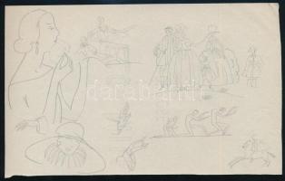 Jelzés nélkül: 6 db art deco illusztráció- vagy divatterv, 1930 körül. Ceruza, papír. 12,5x20 cm kör...
